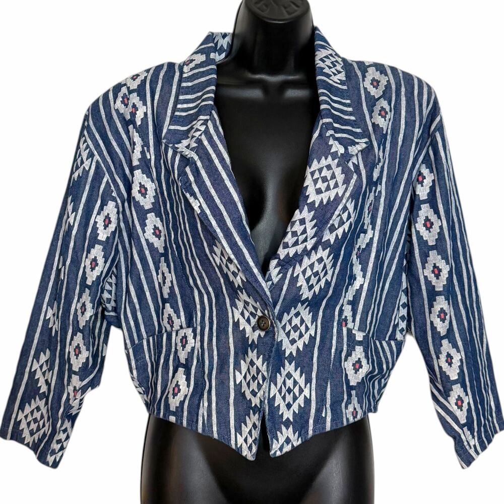 VINTAGE 90S AZTEC TRIBAL WESTERN DENIM CROPPED JACKET BOHO SOUTHWESTERN S M